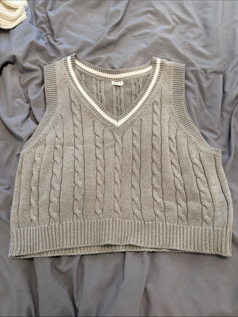 Garage Gray Cable Knit V-Neck Sweater Vest with White Trim
